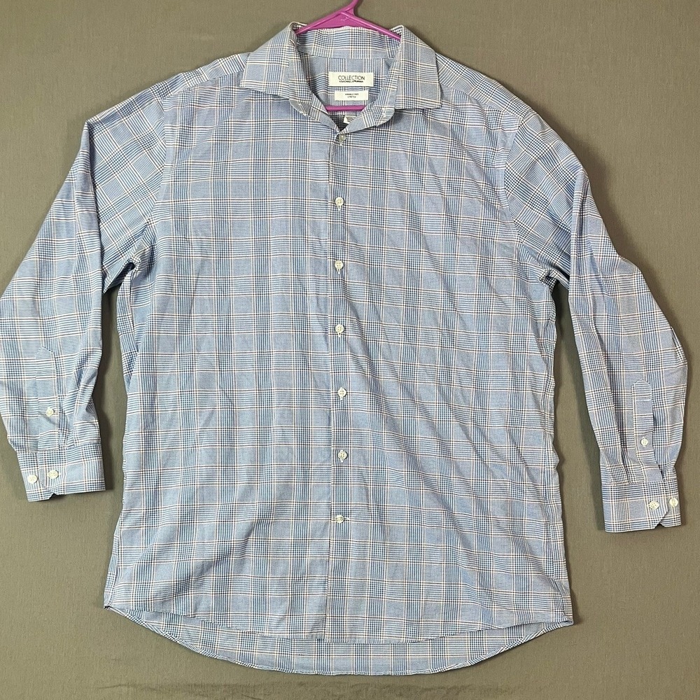 Michael Strahan Dress Shirt 17.5 34/35 Cotton Stretch Blue Plaid EUC